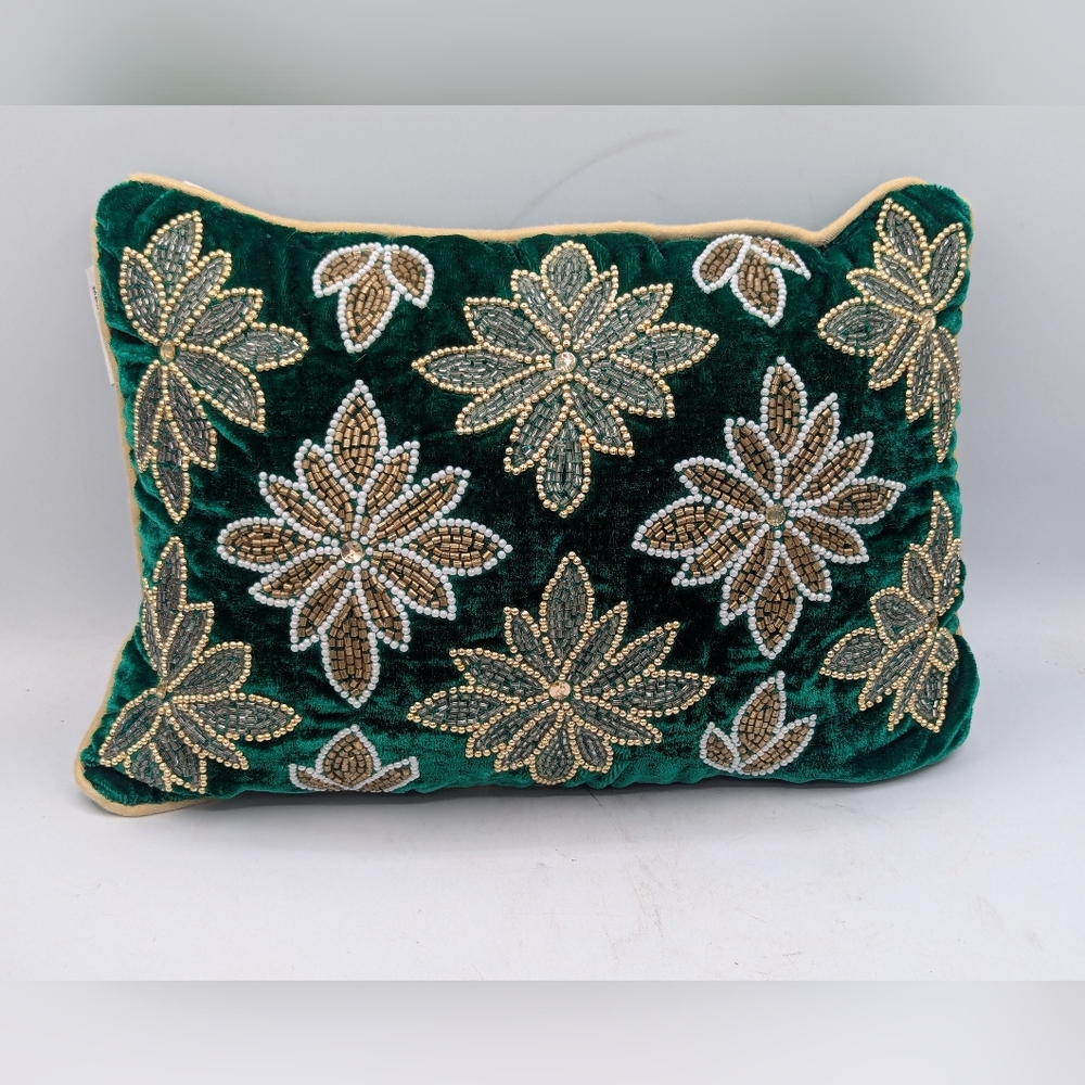 Vibrant Emerald Green Velvet Lumbar Pillow - Hand Beaded Floral Design - India